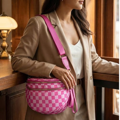 Checkered Crossbody Bags for Women Large Belt Bum Bag Nylon Fanny Packs with Adjustable Strap(CN24-Pink) - color: CN24-Pink
