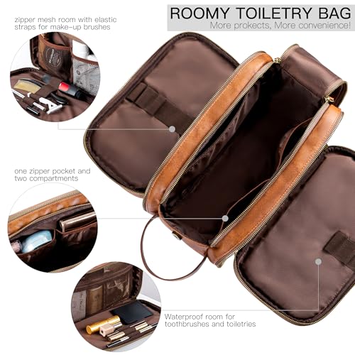 Elviros Toiletry Bag for Men PU Leather Shaving Dopp Kit (Large,Brown) - color: Brown, size: Large (Pack of 1)