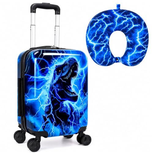 UFNDC Lightweight Hardshell Spinner Luggage Set for Kids 2PCS with Wheels - Airplane Approved Carry-On Suitcase for Boys Ages 3-10, Lightning Dinosaur Rolling Suitcases for Elementary Toddler Travel - color: Blue Lightning Dinosaur Luggage 2PCS Set