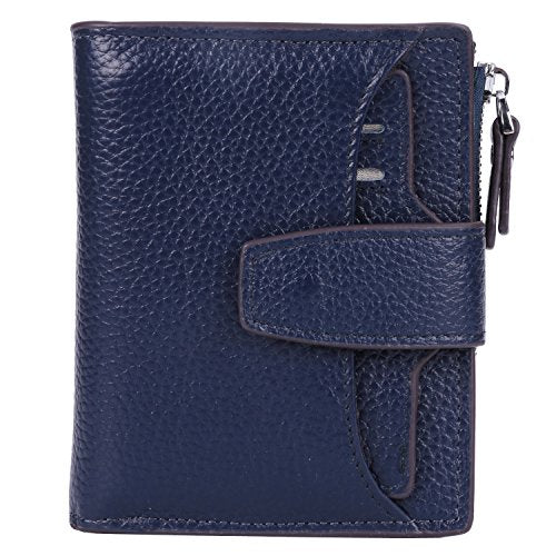 Women's RFID Blocking Leather Small Compact Bi-fold Zipper Pocket Wallet Card Case Purse with id Window - color: Lichee Navy Blue