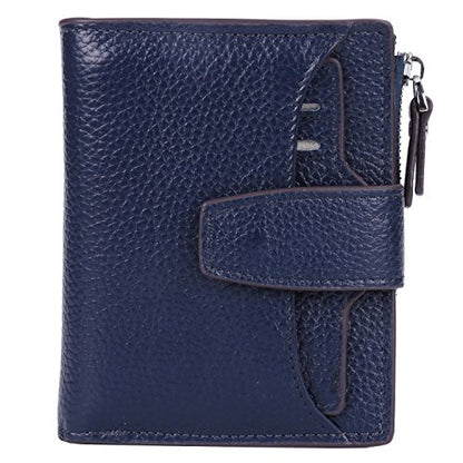 Women's RFID Blocking Leather Small Compact Bi-fold Zipper Pocket Wallet Card Case Purse with id Window - color: Lichee Navy Blue