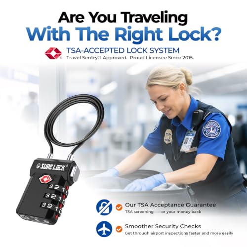 SURE LOCK 3 Digit TSA Approved Luggage Locks - size: Long Cable