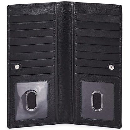 Long Wallet for Men Women Leather Slim Bifold RFID Blocking Card Holder | Real Top Grain Leather, Stylish 18 Credit Card Slots, 2 ID Windows, 2 Currency Sleeves, Gift Box, (Black, Nappa) - color: Black Nappa