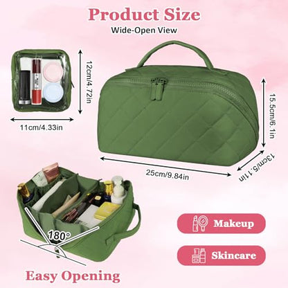 Travel Makeup Bag, Festivalment Wide Open Lay-Flat Water-Resistant - color: Green