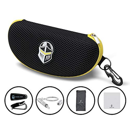 BLUPOND Knight Visor Large Sunglasses Case with Metal Carabiner & Zipper - EVA Semi Hard Frame Glasses Case for Men & Women - color: Black