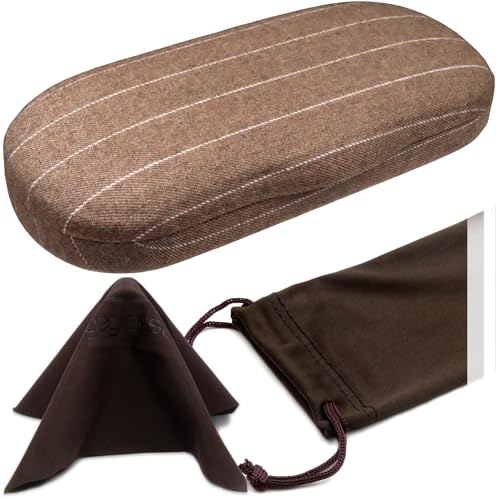 MyEyeglassCase Men's Medium Glasses Case - Classic Eyeglasses Hard Shell Holder, Elegant Easy Open Lip with Pouch and Cloth - color: As196 Tweed Brown