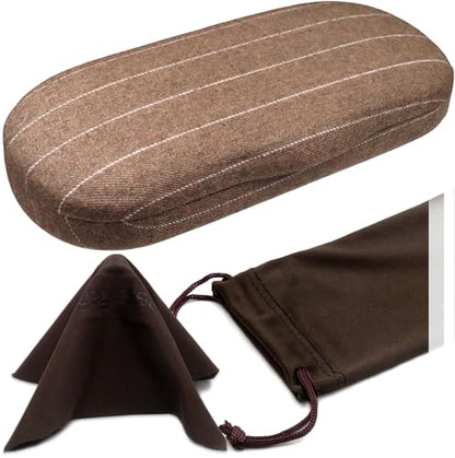MyEyeglassCase Men's Medium Glasses Case - Classic Eyeglasses Hard Shell Holder, Elegant Easy Open Lip with Pouch and Cloth - color: As196 Tweed Brown