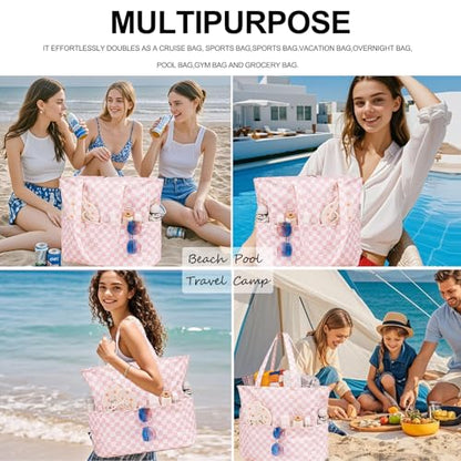 Bluboon Waterproof Beach Tote Pool Bags for Women Ladies Extra Large Carry On Bag With Wet Compartment for Weekender Travel - color: Checked Pink White