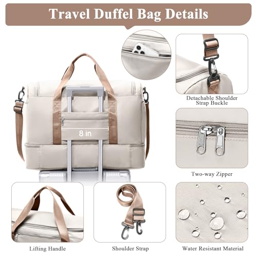 Travel Duffle Bag with Shoes Compartment,Carry-On Weekender Bags for Women - color: Beige & Brown with Toiletry Bag, size: Large