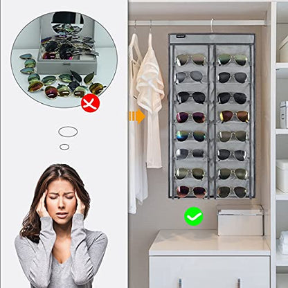 Dual Sided Hanging Sunglasses Organizer Wall Eyeglass Holder Sunglass Rack for Home with 32 Dust Proof Pockets (32 Pockets-Grey) - color: 32 Pockets-Grey