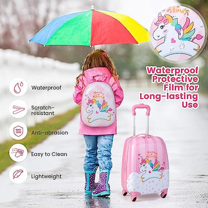 GYMAX Kids Carry On Luggage Set, 12" & 16" 2PCS Rolling Suitcase - color: Happy Pony