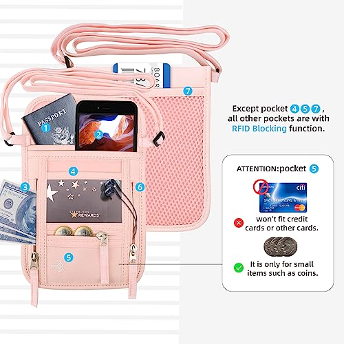 WALNEW Passport Holder Neck Pouch Travel Wallet for Women and Men, RFID Blocking Security Slim Traveling Wallet with Around Neck Lanyard Strap, Pink | Around Neck Lanyard Strap, Travel Safety Anti Theft Bag, Neck Wallet for Traveling Women - color: Pink