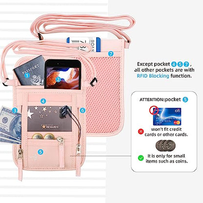 WALNEW Passport Holder Neck Pouch Travel Wallet for Women and Men, RFID Blocking Security Slim Traveling Wallet with Around Neck Lanyard Strap, Pink | Around Neck Lanyard Strap, Travel Safety Anti Theft Bag, Neck Wallet for Traveling Women - color: Pink