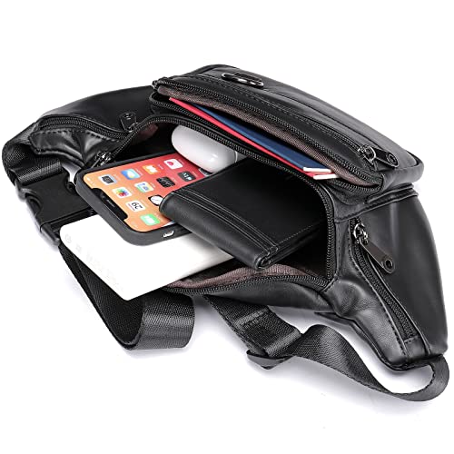 Genuine Leather Fanny Pack HandMade Durable cowhide Waist Bag Lots of Anti-theft zipper pocket Black - color: Black