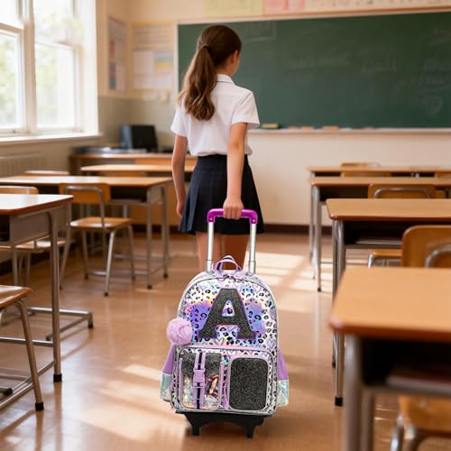Meetbelify 3 in 1 Backpack with Wheels for Girls Rolling Letter Backpack Cute Carry on Backpack Kids Luggage with Lunch Box Pencil Case for Elementary Student - color: Purple Leapoard