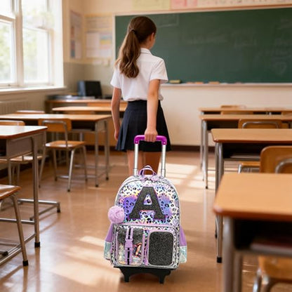 Meetbelify 3 in 1 Backpack with Wheels for Girls Rolling Letter Backpack Cute Carry on Backpack Kids Luggage with Lunch Box Pencil Case for Elementary Student - color: Purple Leapoard