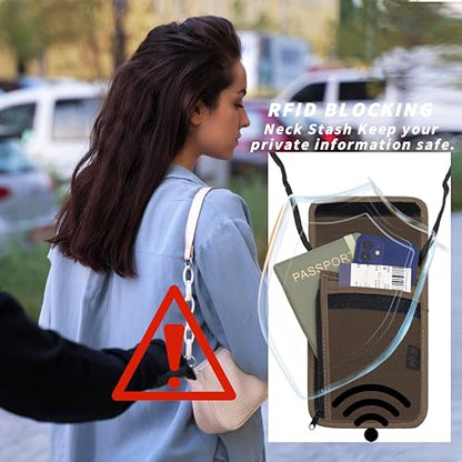Travel Neck Wallet with RFID Blocking - color: Brown