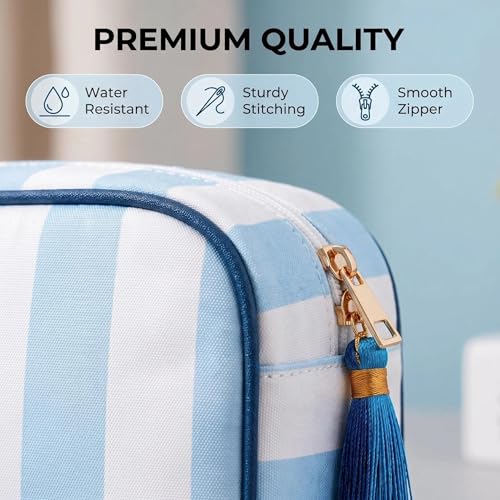 Preppy Striped Makeup Bag for Women, Structured Travel Cosmetic Pouch with Protective Sponge Padding, Large Canvas Toiletry Organizer with Tassel Zipper for Daily Purse(Blue White) - color: Blue White
