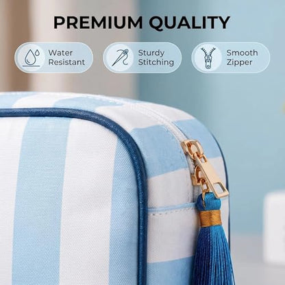 Preppy Striped Makeup Bag for Women, Structured Travel Cosmetic Pouch with Protective Sponge Padding, Large Canvas Toiletry Organizer with Tassel Zipper for Daily Purse(Blue White) - color: Blue White