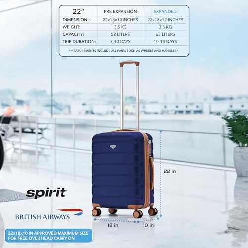 Flight Knight 22x18x10 Expandable Carry On Suitcase Hardside TSA Lock & USB C Port Lightweight Luggage Silent Double Spinner Wheels Maximum Spirit Overhead Carry-On Bag Airlines Approved Black/Tan - color: Navy/Tan, size: 22x18x10"