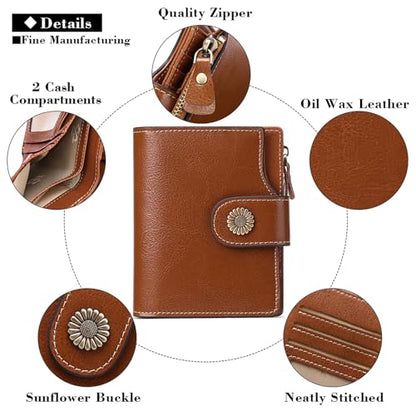 FALAN MULE Genuine Leather Small Wallet for Women, RFID Blocking, Compact Size, Brown - color: Brown