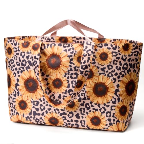 KALIDI 60L Extra Large Beach Tote Oversized Bag Zipper Utility Weekender - color: Sunflower Leopard