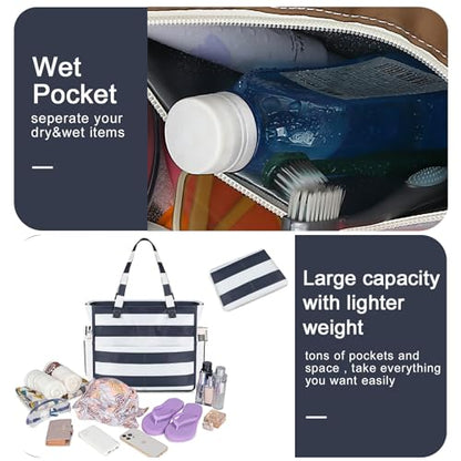 Bluboon Waterproof Beach Tote Pool Bags for Women Ladies Extra Large Carry On Bag With Wet Compartment for Weekender Travel - color: Blue Grey Stripes