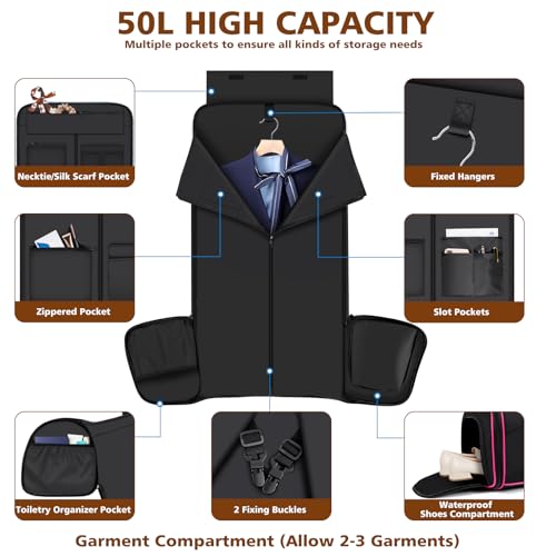 Convertible Garment Bag for Travel, 4-in-1 Backpack for Women Men, 3pcs 50L - color: C-Black Red