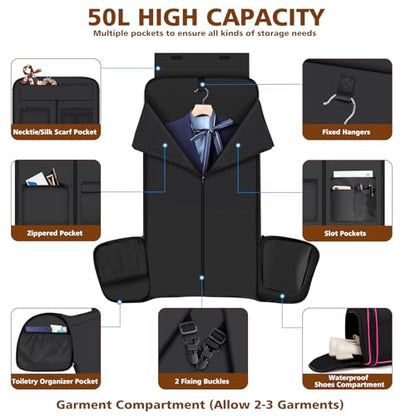 Convertible Garment Bag for Travel, 4-in-1 Backpack for Women Men, 3pcs 50L - color: C-Black Red