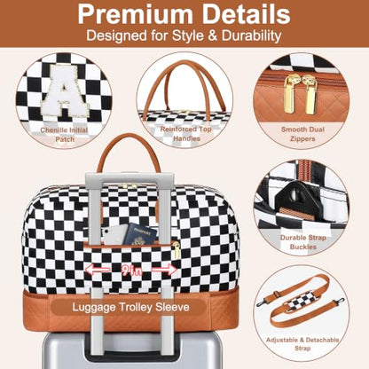 TIBES Gift for Her, Weekender Bag for Women Initial Travel Duffle Bag - color: Black & White Checkerboard, style: E