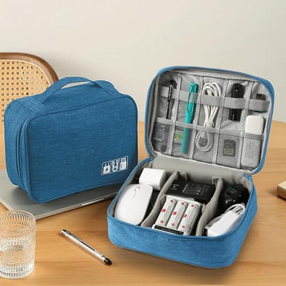 Travel Cable Organizer Pouch Electronic Accessories Carry Case Portable Waterproof Double Layers Storage Bag for Cord, Charger, Phone, Earphone,Blue