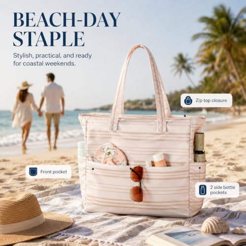 Bluboon Waterproof Beach Tote Pool Bags for Women Ladies Extra Large Carry On Bag With Wet Compartment for Weekender Travel - color: Khaki Irregular Stripes