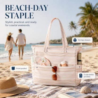 Bluboon Waterproof Beach Tote Pool Bags for Women Ladies Extra Large Carry On Bag With Wet Compartment for Weekender Travel - color: Khaki Irregular Stripes