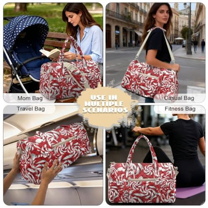 Youngerbaby Christmas Quilted Weekender Duffle Bag for Women Candy Print - color: Red Candy Cane