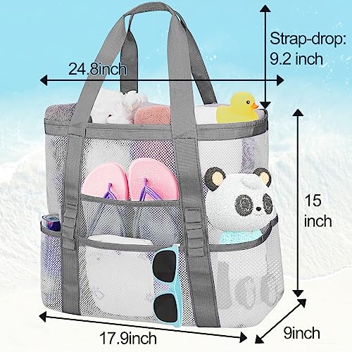 Mesh Beach Bags for Women - Plus Waterproof Sandproof Tote Bag - color: Grey, size: Large