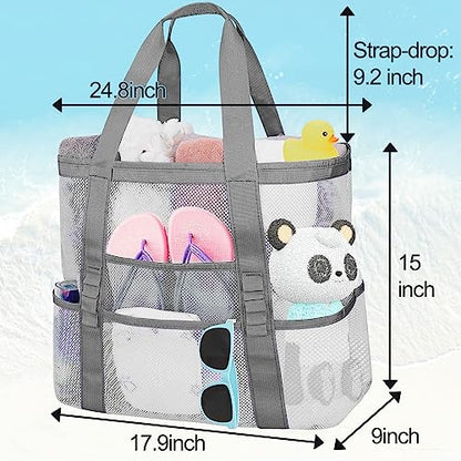 Mesh Beach Bags for Women - Plus Waterproof Sandproof Tote Bag - color: Grey, size: Large