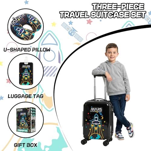 Kid's Luggage Set 2 Piece Suitcase Set Hardside Luggage with Spinner Wheels Boys Carry on Toddler Travel Rolling Suitcase Airline Approved - color: Black Rocket