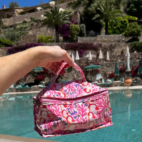 Jacaranda Living Vanity Cosmetic Bag – Train Case with Handle, Water-Resistant PVC Lined Cotton, Travel Organizer, Splash-Proof Summer Cosmetic Bag – Blue Seashells - color: Blue Seashells, size: Large Vanity/Train Case