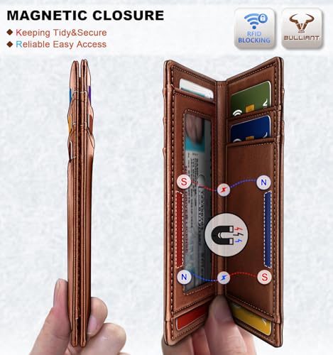 BULLIANT Slim Leather Wallet For Men 12Cards Magnetic Closure RFID Blocking - color: Brick Brown6492