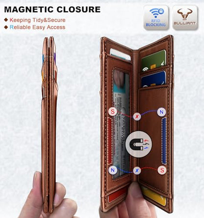 BULLIANT Slim Leather Wallet For Men 12Cards Magnetic Closure RFID Blocking - color: Brick Brown6492