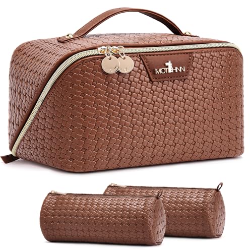 Travel Makeup Bag for Women: 3 Pcs Set Vagen Leather Cosmetic Bag - color: 07Brown
