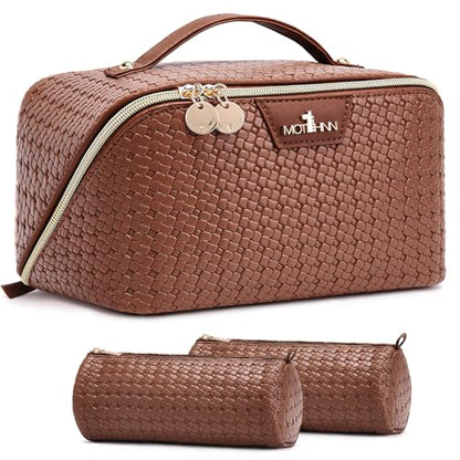 Travel Makeup Bag for Women: 3 Pcs Set Vagen Leather Cosmetic Bag - color: 07Brown