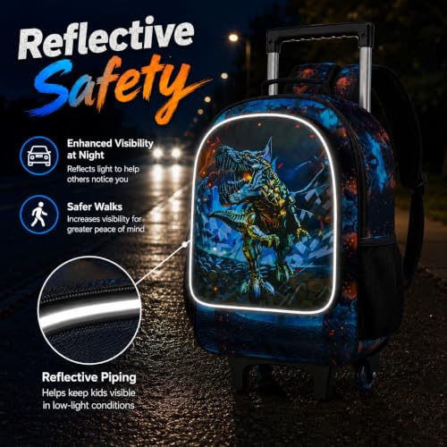 CCJPX Rolling Backpack for Boys, Kids Roller School Bag with Wheels Toddler Wheeled Bookbag Elementary - color: Black Dinosaur