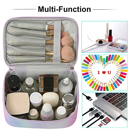 Gradient Travel Makeup Bag for Women, PU Leather Cosmetic Bag, Rainbow Pink - color: RAINBOW PINK