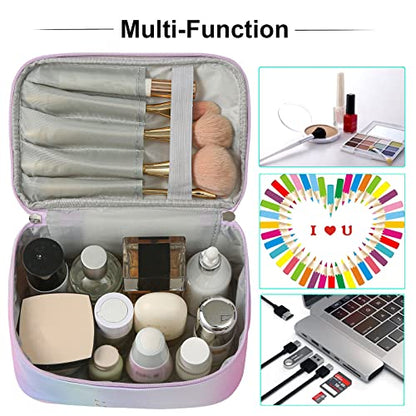 Gradient Travel Makeup Bag for Women, PU Leather Cosmetic Bag, Rainbow Pink - color: RAINBOW PINK