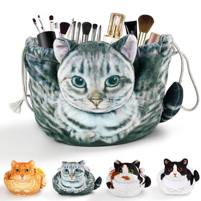 Cat Shaped Drawstring Makeup Bag for Women - Grey Tabby Cat Design Cosmetic Case - color: Grey Tabby Cat