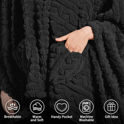 Wearable Blanket Poncho Cape Wrap for Adult, Cozy Sherpa Fleece Pocketed Shawl TV Throw Blankets for Office and Lounge,Black - color: Black