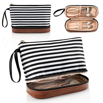 Small Makeup Bag 2 Layers Travel Cosmetic Bag with Makeup Brush Compartment - color: 04-stripe