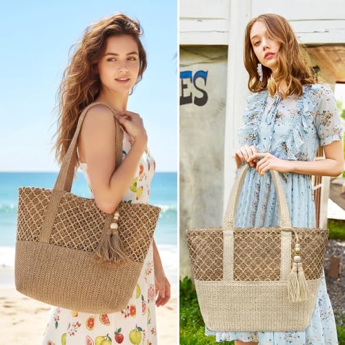 YAMEIZE Straw Woven Beach Shoulder Bags for Women Big Foldable Straw Tote bag Lightweight Raffia Bag with Zipper Summer - color: Khaki
