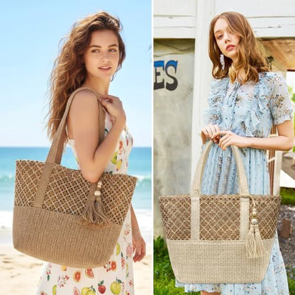 YAMEIZE Straw Woven Beach Shoulder Bags for Women Big Foldable Straw Tote bag Lightweight Raffia Bag with Zipper Summer - color: Beige